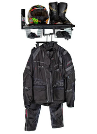 biker tidy single motorcycle helmet jacket pant storage